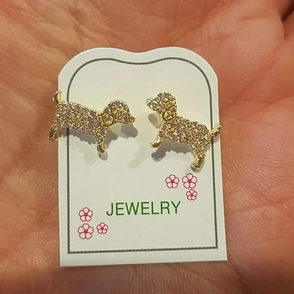 Kids Earrings 14k gold plated Dog Puppy CZ Girls.